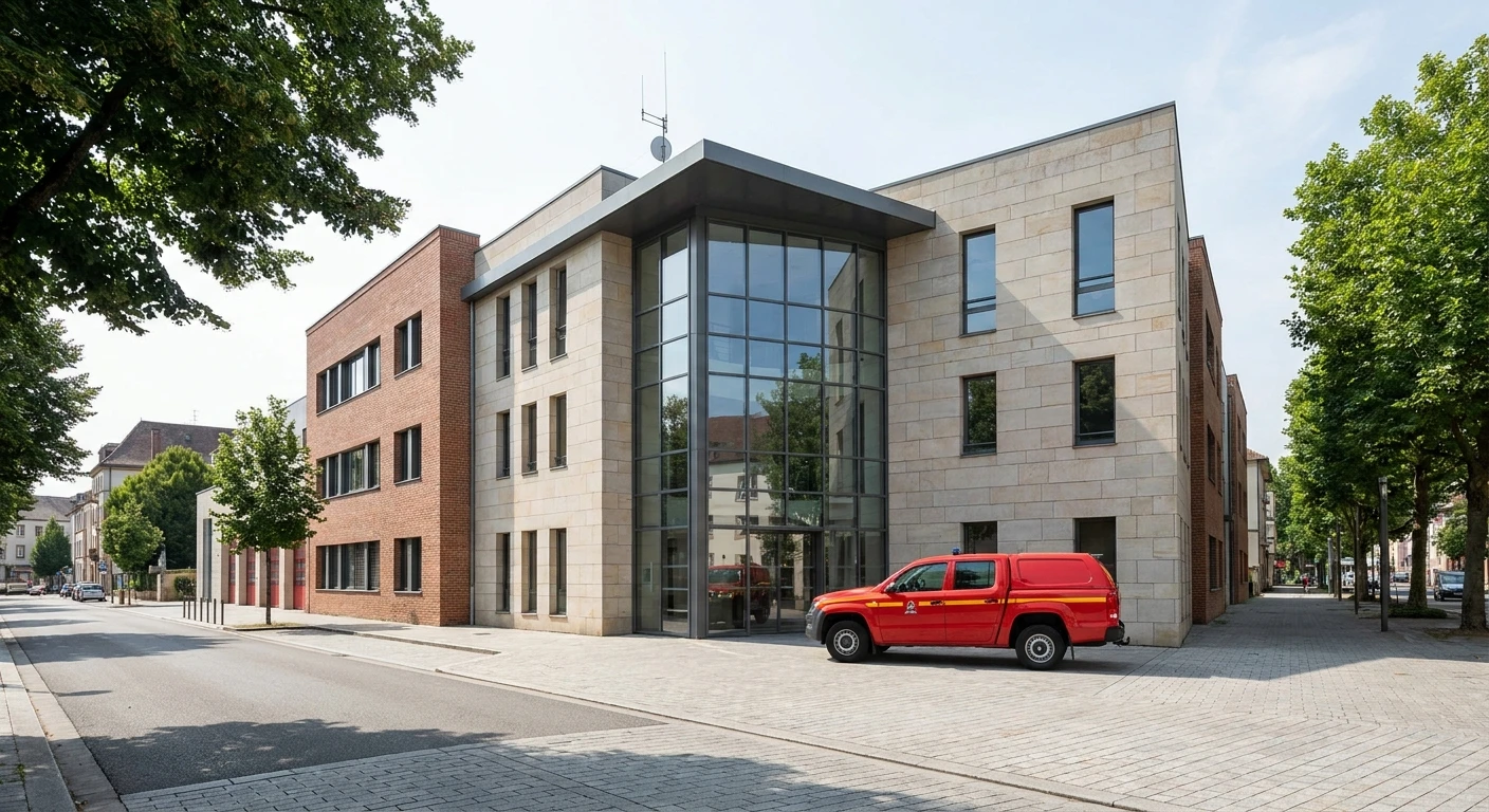 Photographe d'un bâtiment officiel du SDIS de Moselle ou d'une caserne pompiers, montrant l'entrée ou la façade du bâtiment avec ses marquages distinctifs, ou une image montrant une intervention de secours en cours avec véhicule d'urgence dans un contexte urbain, représentant l'expertise et la rigueur des acteurs institutionnels de référence.