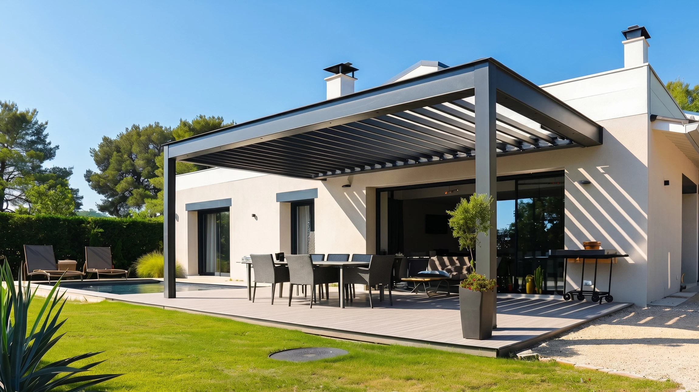 Espace détente extérieur avec mobilier de jardin sous pergola