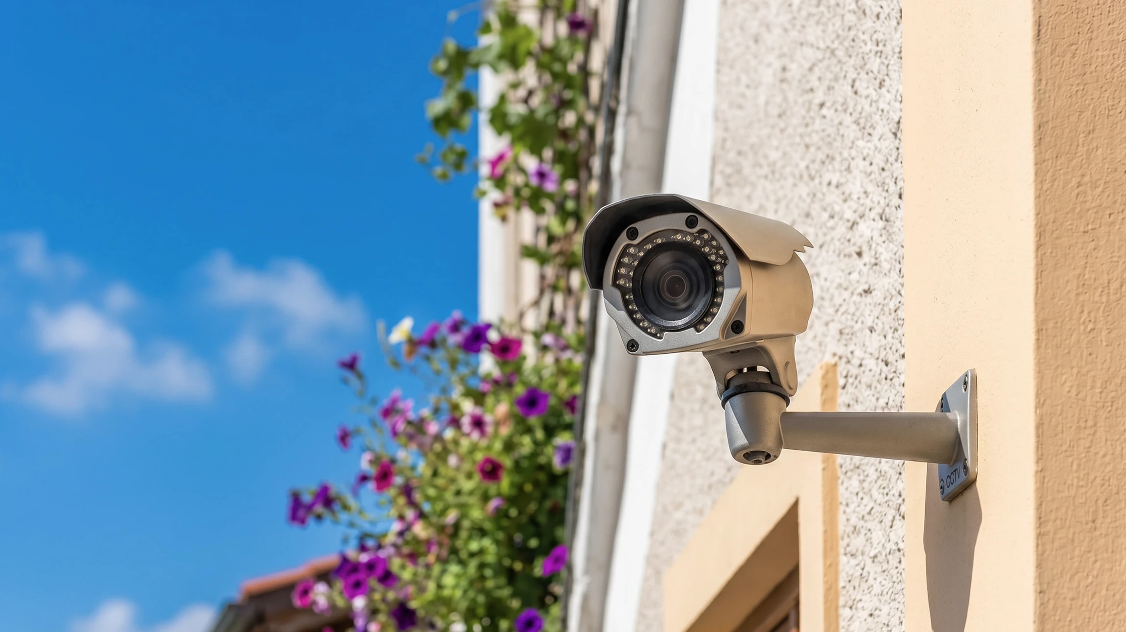 Installation de caméra de surveillance par un technicien professionnel sur plafond intérieur blanc